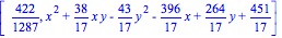 [422/1287, x^2+38/17*x*y-43/17*y^2-396/17*x+264/17*y+451/17]